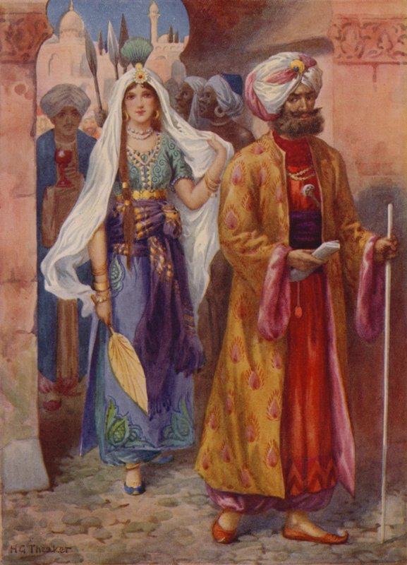 Sindbad bringer gaverne til kaliffen (farvelitografi) af Harry George Theaker