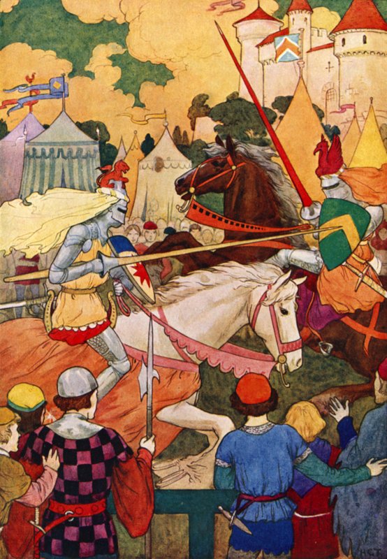 Sir Lancelots første turnering (farvelitografi) af Harry George Theaker