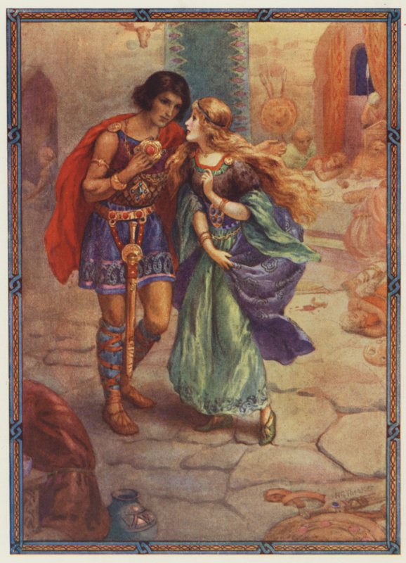 "Tag mig til din hustru!", Diarmuid og Grania (farvelitografi) af Harry George Theaker