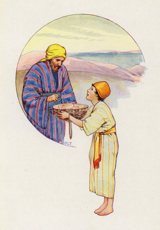 "Sig til Mesteren, at han må få alle disse ting," råbte den lille dreng (farvelitografi). af Harry George Theaker