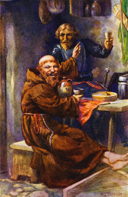 Den sorte ridder nyder den joviale eremits gæstfrihed (farvelitografi) af Harry George Theaker