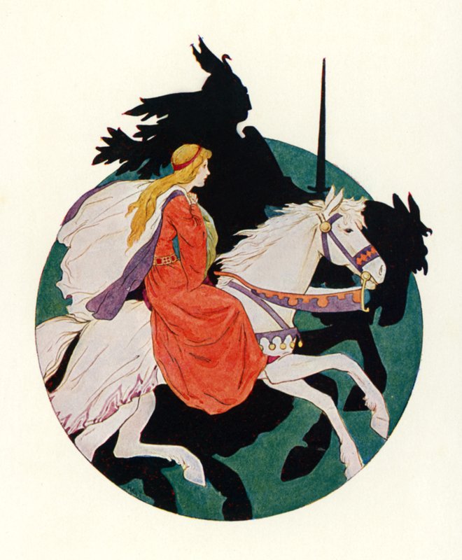 Den sorte ridder rider væk med jomfruen (farvelitografi) af Harry George Theaker