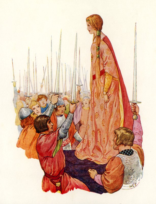 Ridderne hilser på prinsesse Guinevere, deres kommende dronning (farvelitografi) af Harry George Theaker