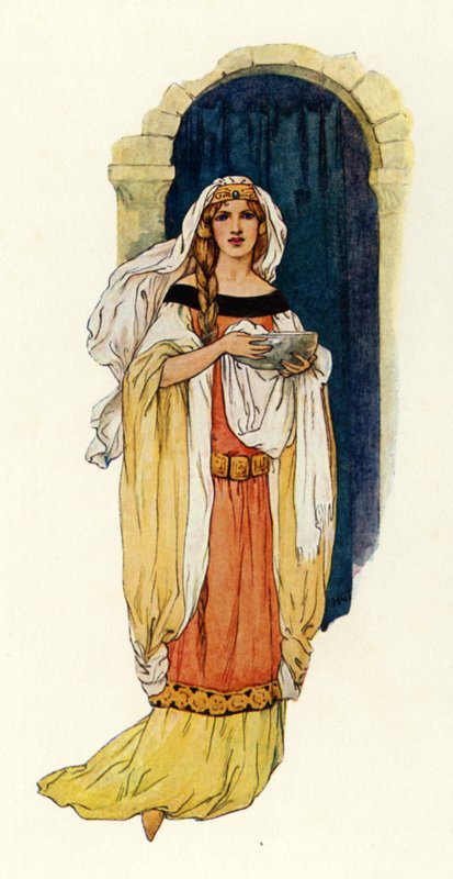 Prinsesse Guinevere henter vand i et sølvbassin (farvelitografi) af Harry George Theaker