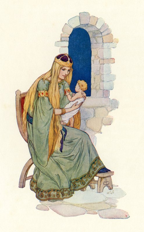 Dronningen med lille Lancelot (farvelitografi) af Harry George Theaker