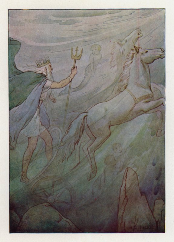Havkongen i sin funklende vogn, trukket af grønne heste (farvelitografi) af Harry George Theaker
