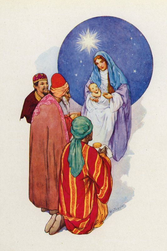 De vise mænd så det lille barn med Maria, hans mor, og faldt ned og tilbad ham (farvelitografi) af Harry George Theaker