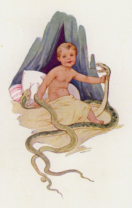 Den lille Herkules, der kvæler slangerne (farvelitografi) af Harry George Theaker