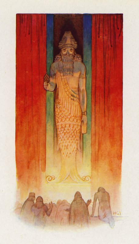 Filistrenes hovedgud var en fiskegud (farvelitografi) af Harry George Theaker