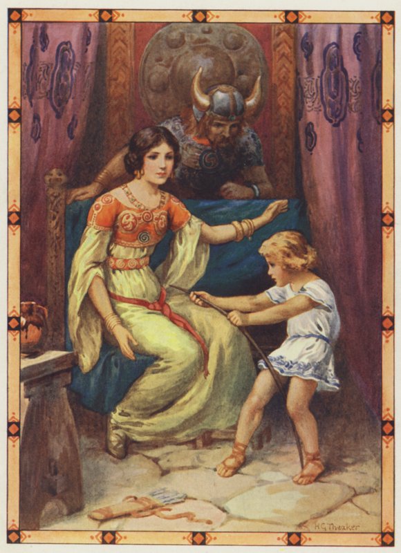 "Barnet viste tegn på fantastisk styrke", The Tyrant of the Isles (farvelitografi) af Harry George Theaker