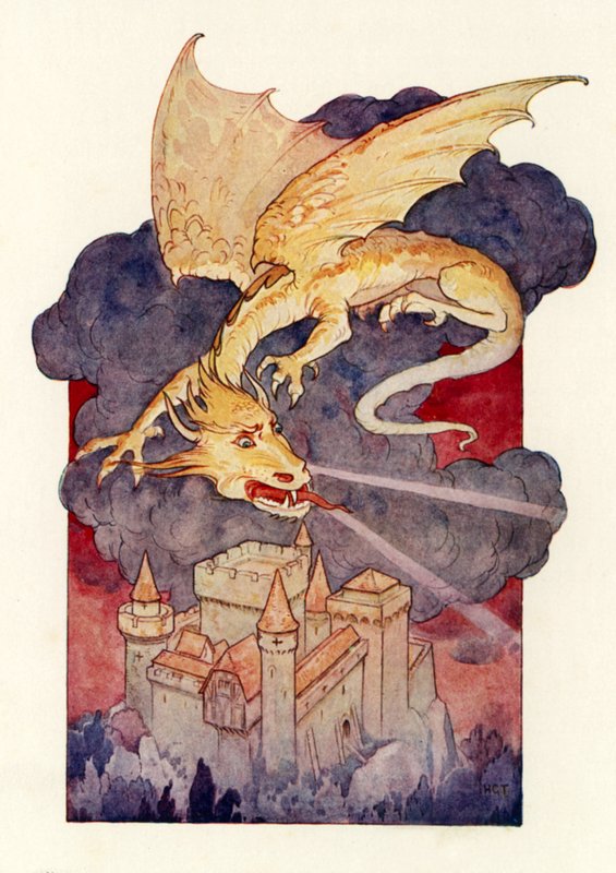 "Dragen bredte sine vinger ud og hang, i balance, over slottet" (farvelitografi) af Harry George Theaker
