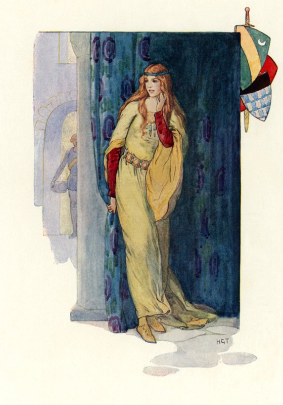 Den stumme jomfru rose gemmer sig bag et forhæng (farvelitografi) af Harry George Theaker