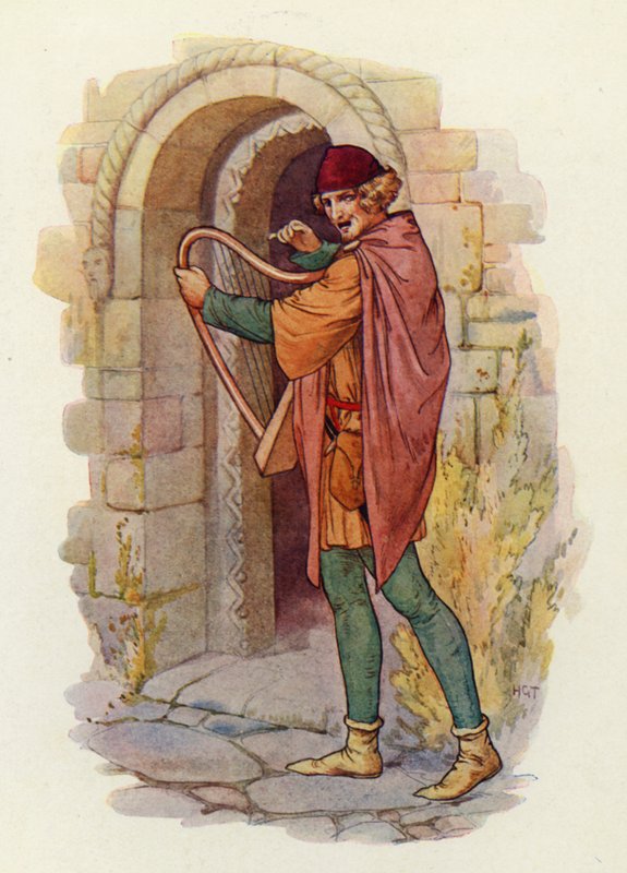 Robin Hoods berømmelse spredte sig i alle Midlands amter, selv ned til London, og balladerne om hans gerninger begyndte at blive sunget (farvelitografi). af Harry George Theaker