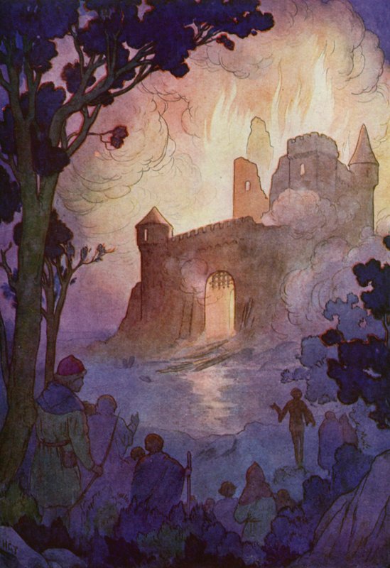 Den store borg flammede op, en ildsøjle synlig i miles omkreds (farvelitografi) af Harry George Theaker