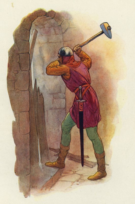 Hammeren svingede igen, og med endnu et knusende slag sprang de en vej ud (farvelitografi) af Harry George Theaker