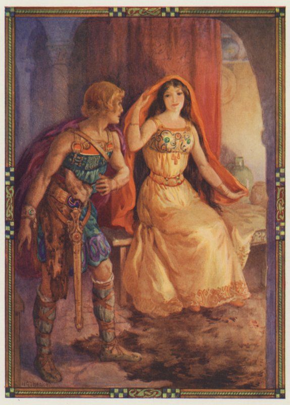 "Damen blottede sit ansigt", Den afskyelige dame og den galante ridder (farvelitografi) af Harry George Theaker