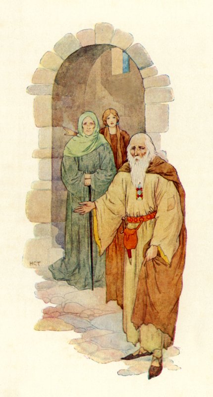 Den gamle mand inviterede ridderen ind i det ødelagte palads (farvelitografi) af Harry George Theaker
