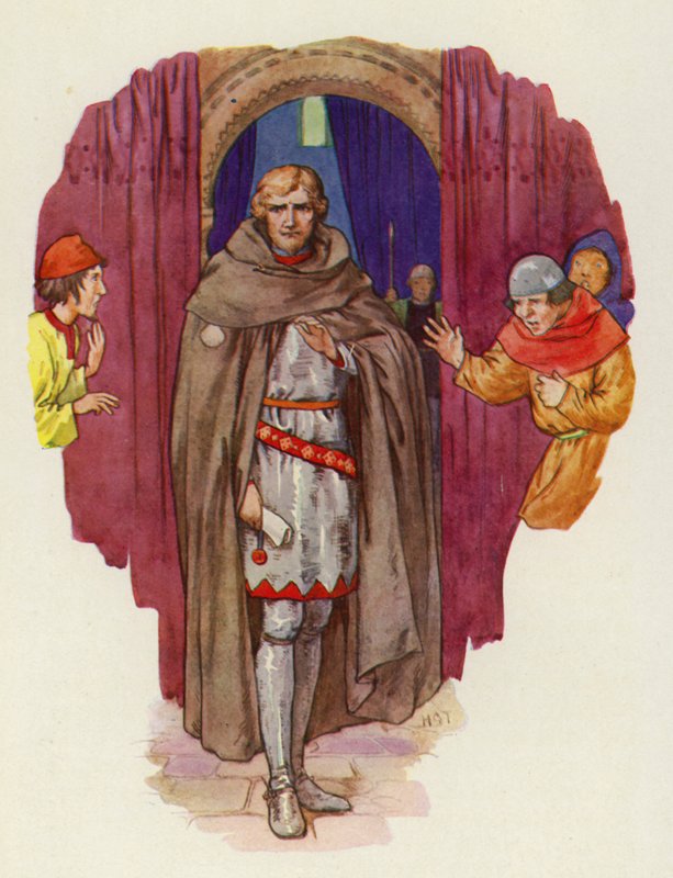Palmer kastede sin hætte tilbage, og hans kappe åbnede sig og viste ham i fuld rustning (farvelitografi) af Harry George Theaker
