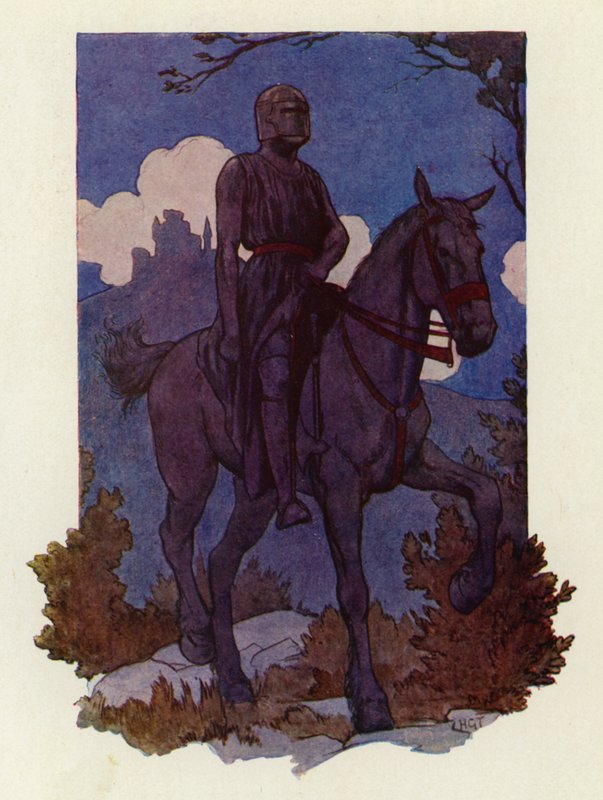 Den mærkelige ridder kom imod dem, ridende på en stor sort hest og bevæbnet helt i sort (farvelitografi). af Harry George Theaker