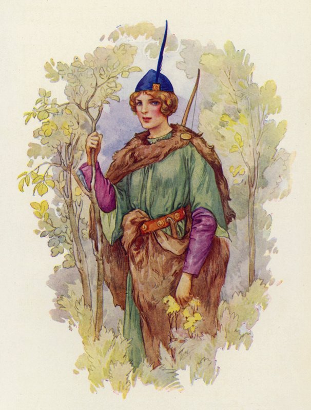 Der var ingen så retfærdig og kærlig hustru i hele Midlands som Robin Hoods Maid Marian (farvelitografi). af Harry George Theaker