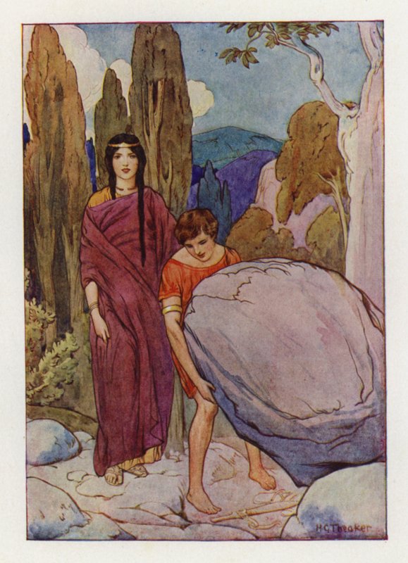 Theseus rejser den store sten, hvorunder sværdet og sandalerne lå (farvelitografi) af Harry George Theaker