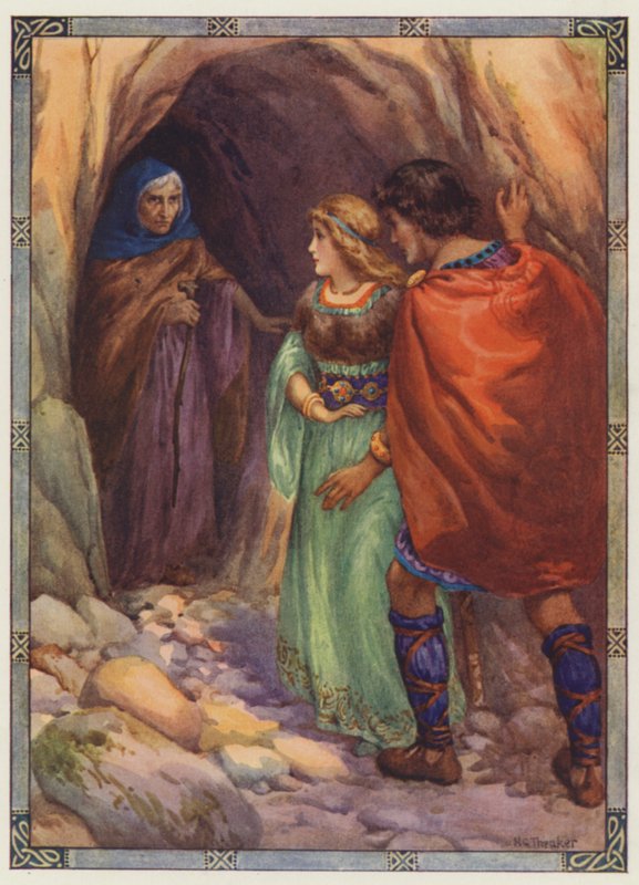 "De kom til en hule ved havet", Diarmuid og Grania (farvelitografi) af Harry George Theaker