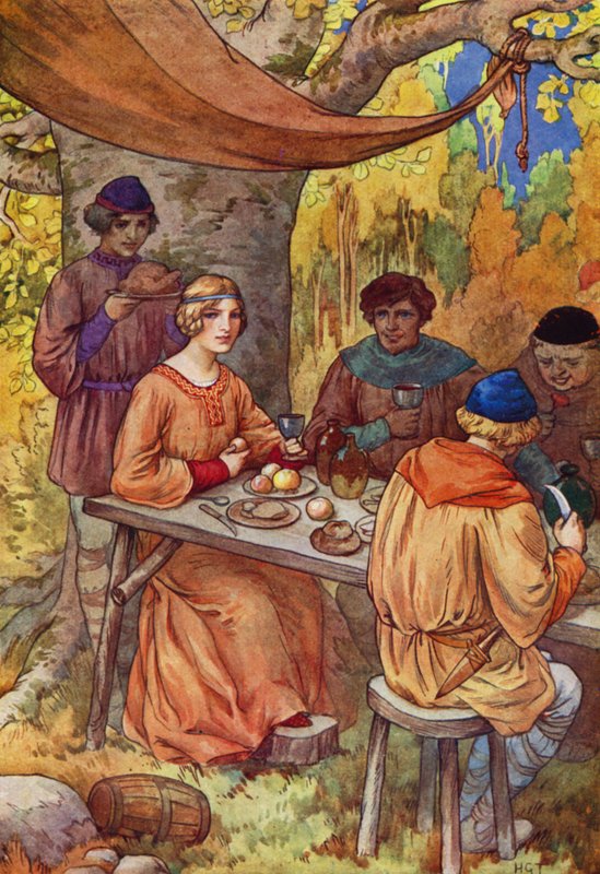 De festede lystigt med Marion til at pryde deres bord (farvelitografi) af Harry George Theaker