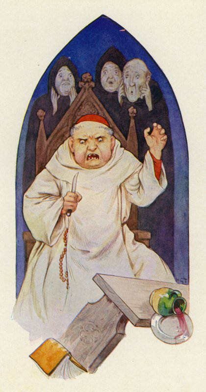 Det siges, at abbed Hugo rasede af vrede (farvelitografi) af Harry George Theaker