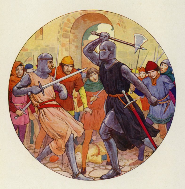 Tre gange stak Isambart, og tre gange gik stødet langt (farvelitografi) af Harry George Theaker