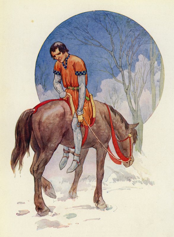 Således red Guy af sted, vendt mod dem, med fødderne spændt fast under hesten (farvelitografi) af Harry George Theaker