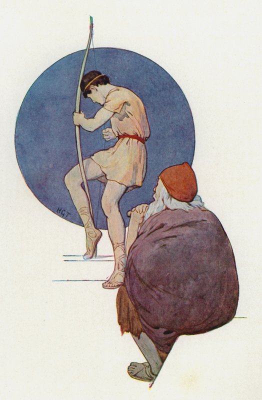 Odysseus betragtede adelsmændene, mens de en efter en forsøgte at bøje den store bue (farvelitografi). af Harry George Theaker