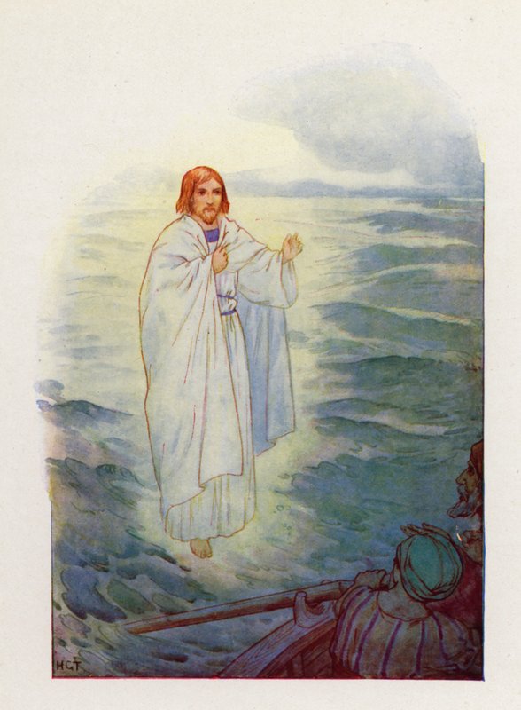 Da fiskerne gik på det oprørte hav, så de Jesu skikkelse (farvelitografi) af Harry George Theaker