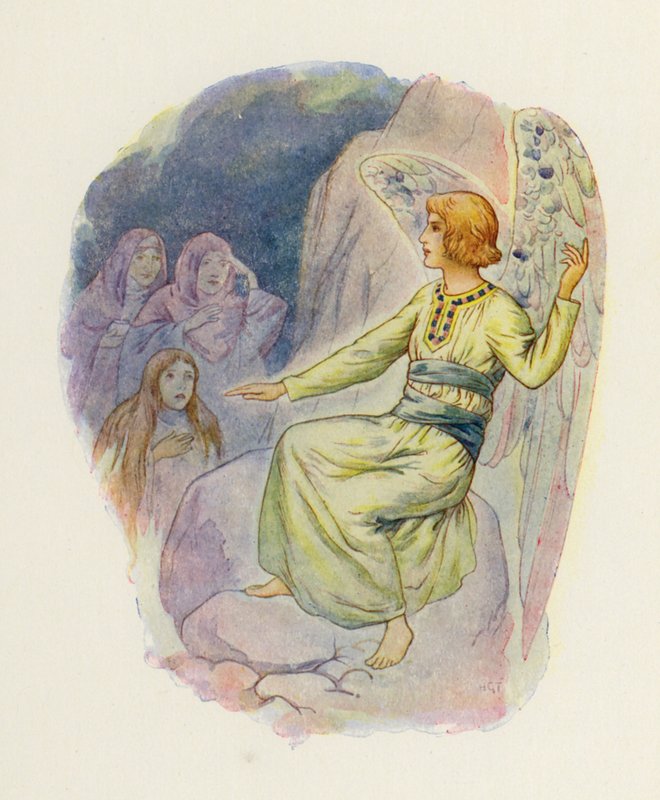 "Hvorfor søger I de levende blandt de døde" (farvelitografi) af Harry George Theaker