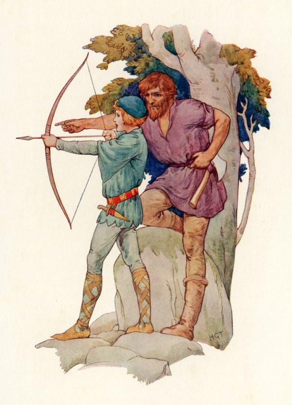 Den unge Lancelot bliver undervist i bueskydning af træmanden (farvelitografi) af Harry George Theaker