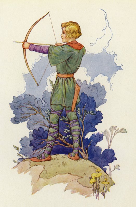 "Unge Waltheof er en fin ung hane nu", sagde Much, "og lover, at han vil være Robin Hoods mand, når han bliver voksen" (farvelitografi). af Harry George Theaker