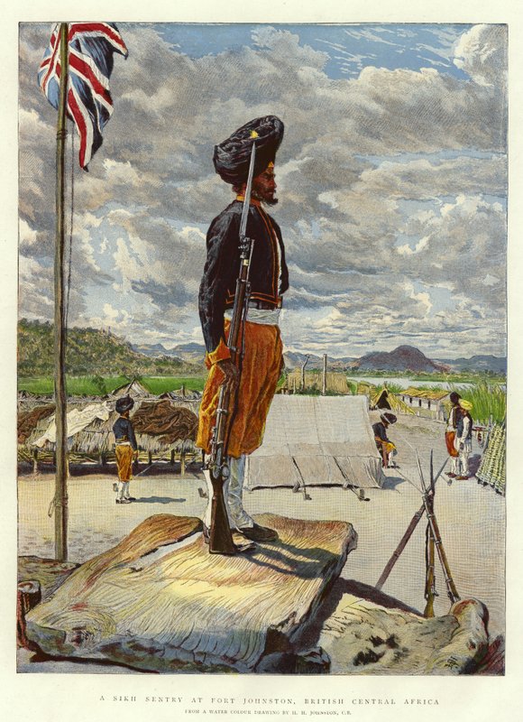 En sikh vagtpost ved Fort Johnston, Britisk Centralafrika af Harry Hamilton Johnston