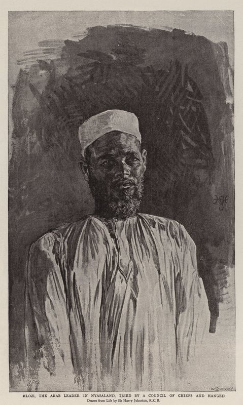 Mlozi, den arabiske leder i Nyasaland, dømt af et råd af høvdinge og hængt af Harry Hamilton Johnston