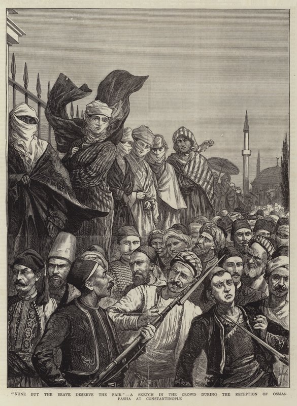 Ingen andre end de modige fortjener messen, en skitse i mængden under modtagelsen af Osman Pasha i Konstantinopel af Harry Hamilton Johnston