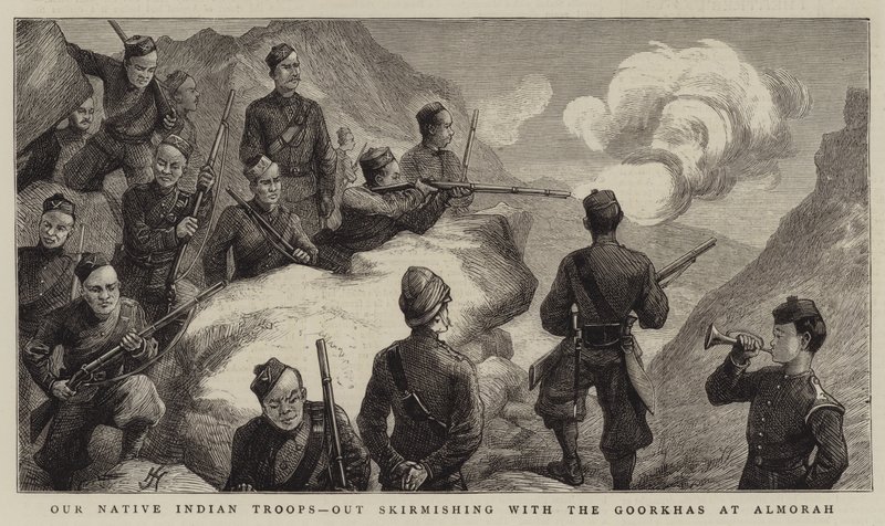 Vores indfødte indiske tropper, ude i træfning med gurkherne ved Almorah af Harry Hamilton Johnston