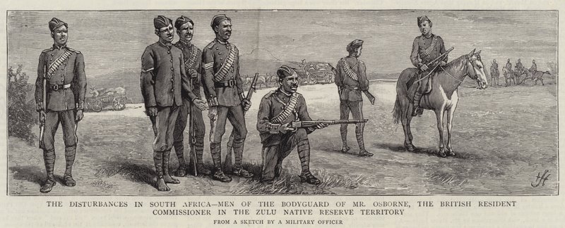Forstyrrelserne i Sydafrika, mænd af livvagten af hr. Osborne, den britiske residente kommissær i Zulu Native Reserve Territory af Harry Hamilton Johnston