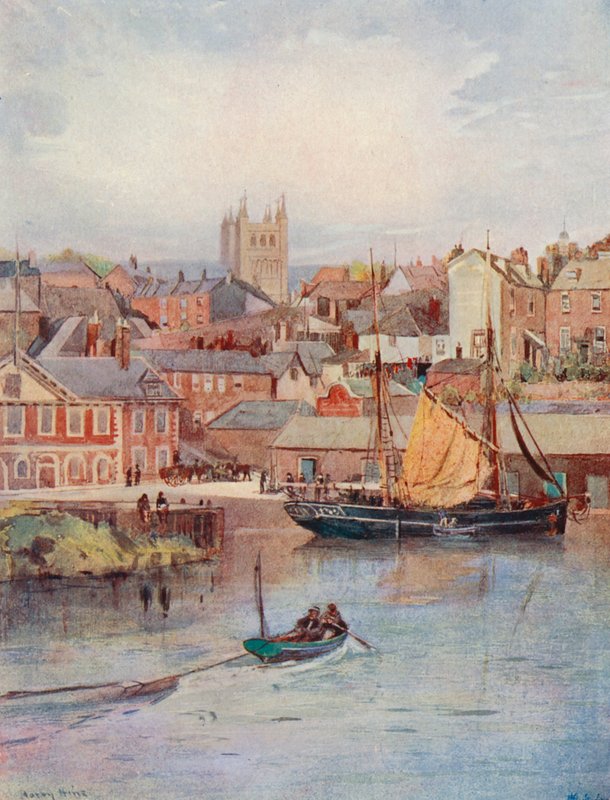 The Quay, Exeter, med katedralens tårne (farvelitografi) af Harry Hine