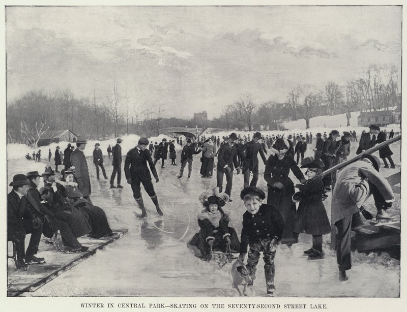 Vinter i Central Park, skøjteløb på Seventy-Second Street Lake (s/h-billede) af Harry M. Pettit