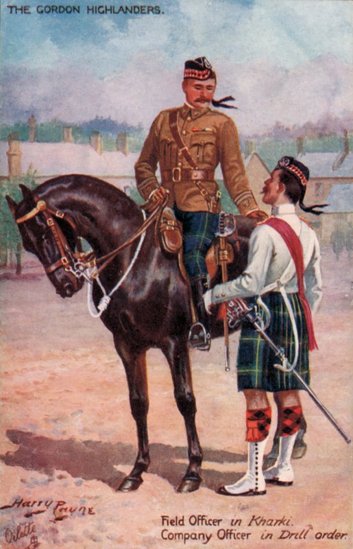 Gordon Highlanders, feltofficer i Kharki, kompagniofficer i boreorden (farve litho) af Harry Payne