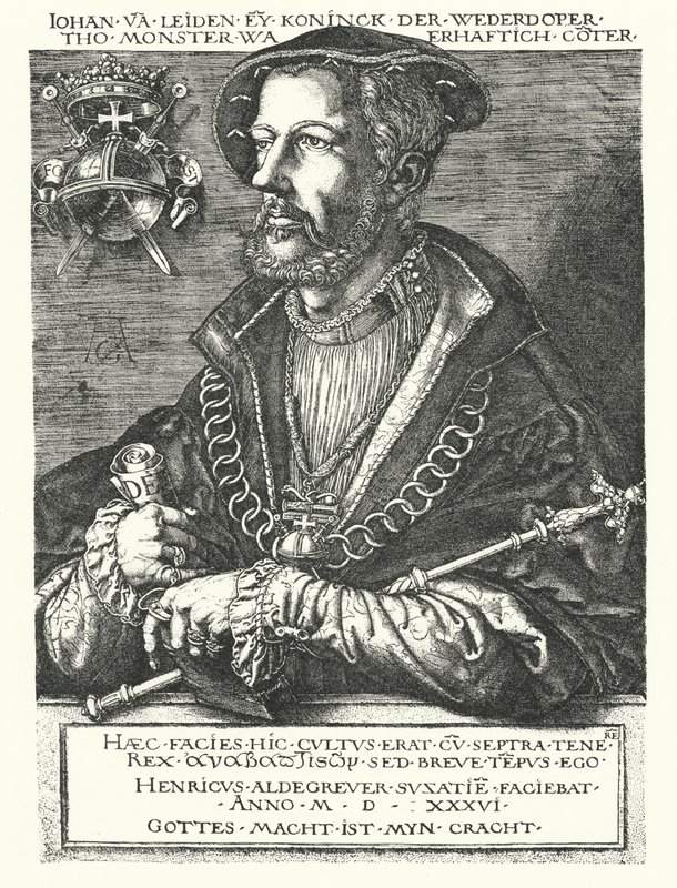 John af Leiden, hollandsk anabaptistleder og en af lederne af Munster-oprøret 1534-1535 (gravering) af Heinrich (after) Aldegrever