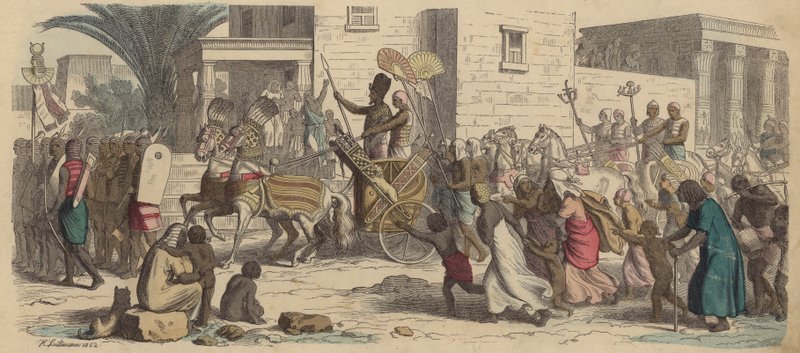 En gammel egyptisk farao på vej i krig (farvegravering) af Heinrich Leutemann