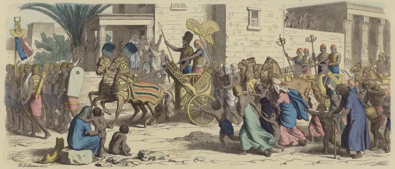 En gammel egyptisk farao på vej i krig (farvegravering) af Heinrich Leutemann