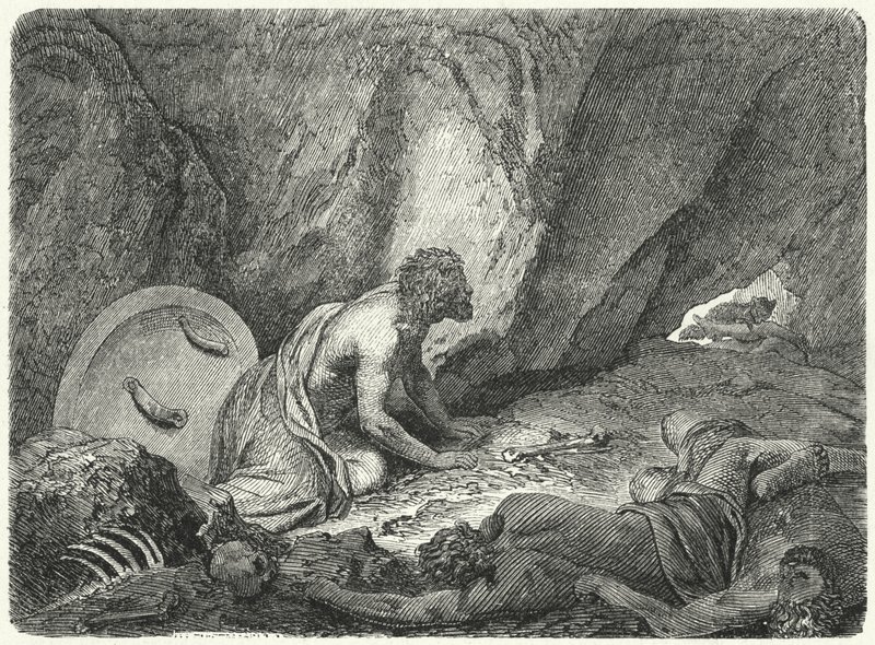 Aristomenes flygter fra brønden, hvori han var blevet kastet af spartanerne (gravering) af Heinrich Leutemann