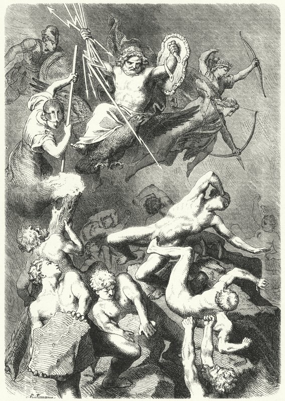 Kamp mellem de antikke græske guder og titanerne (gravering) af Heinrich Leutemann