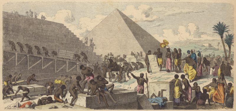 Bygning af pyramiderne i det gamle Egypten (farvet indgravering) af Heinrich Leutemann
