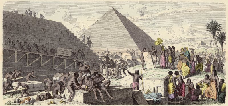 Bygning af pyramiderne i det gamle Egypten (farvet indgravering) af Heinrich Leutemann